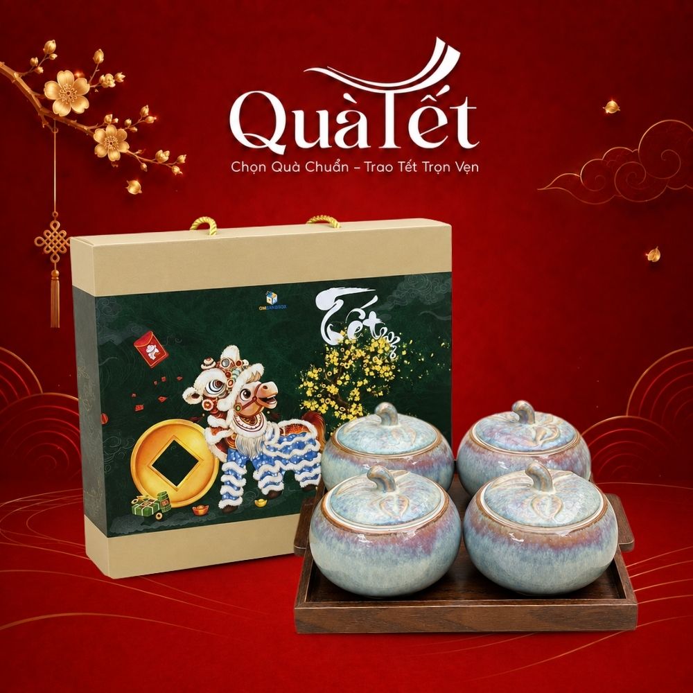 Bộ 4 hũ mứt sứ dáng quả bí men hỏa biến xanh tím kèm khay gỗ