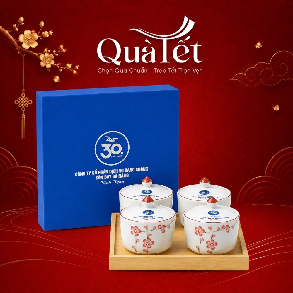 Bộ 4 hũ mứt gốm sứ tròn vẽ hoa đào hồng kèm khay gỗ