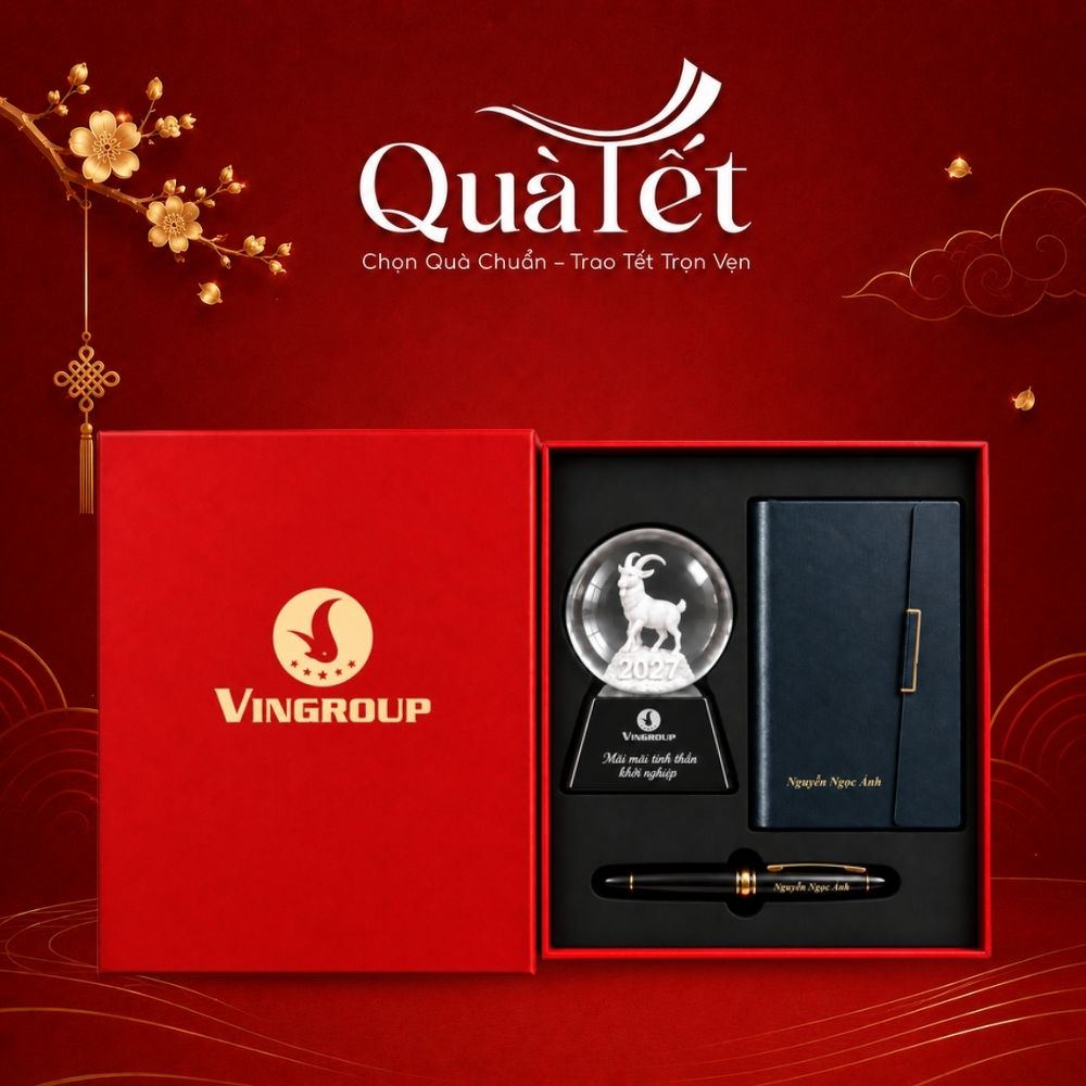 Set quà tặng tri ân in logo sổ da, bút ký và kỷ niệm chương quả cầu pha lê